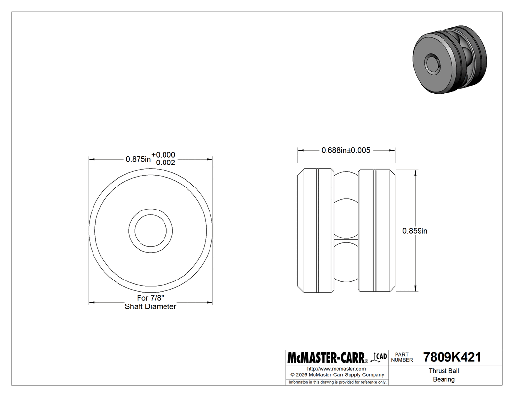 Technical Drawing of Thrust Ball Bearing, for 7/8" Diameter Shaft Ends.